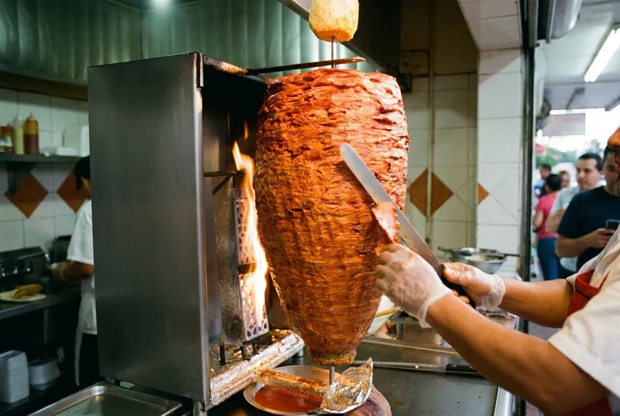 A vertical rotating spit of stacked marinated pork glowing beside a gas flame in a small taqueria, fat catching the light at the edge of the cone