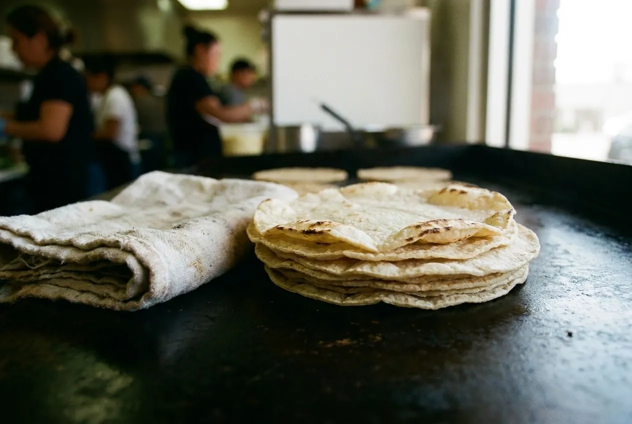 A stack of soft corn tortillas warming on a black steel griddle, their edges puffed and faintly charred, a folded cloth beside them