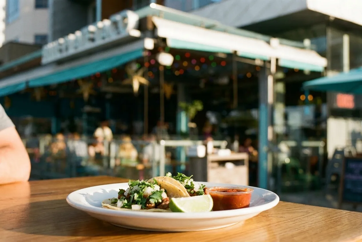 Two small tacos on a white plate beside a lime wedge and a dish of red salsa, photographed close under warm light