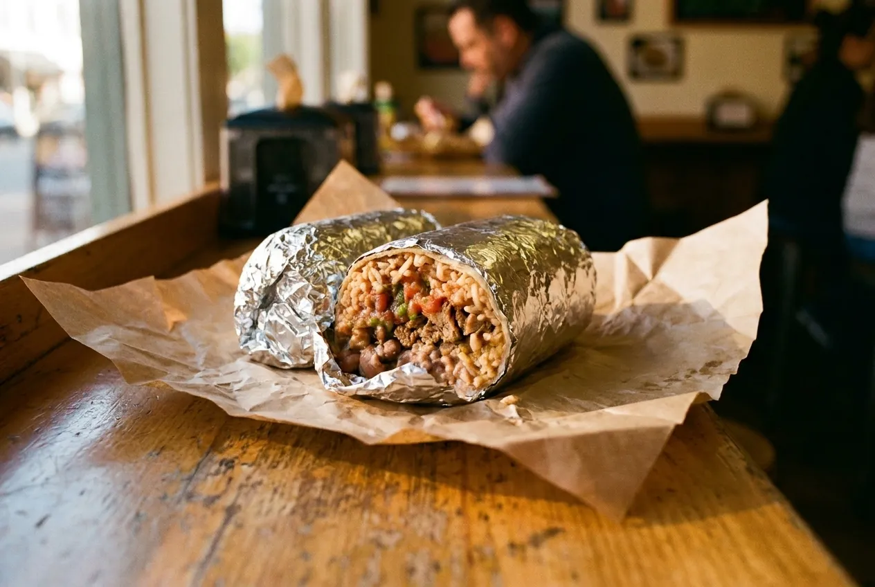 A large foil-wrapped burrito with the foil peeled back at one end, resting on paper on a counter under warm light