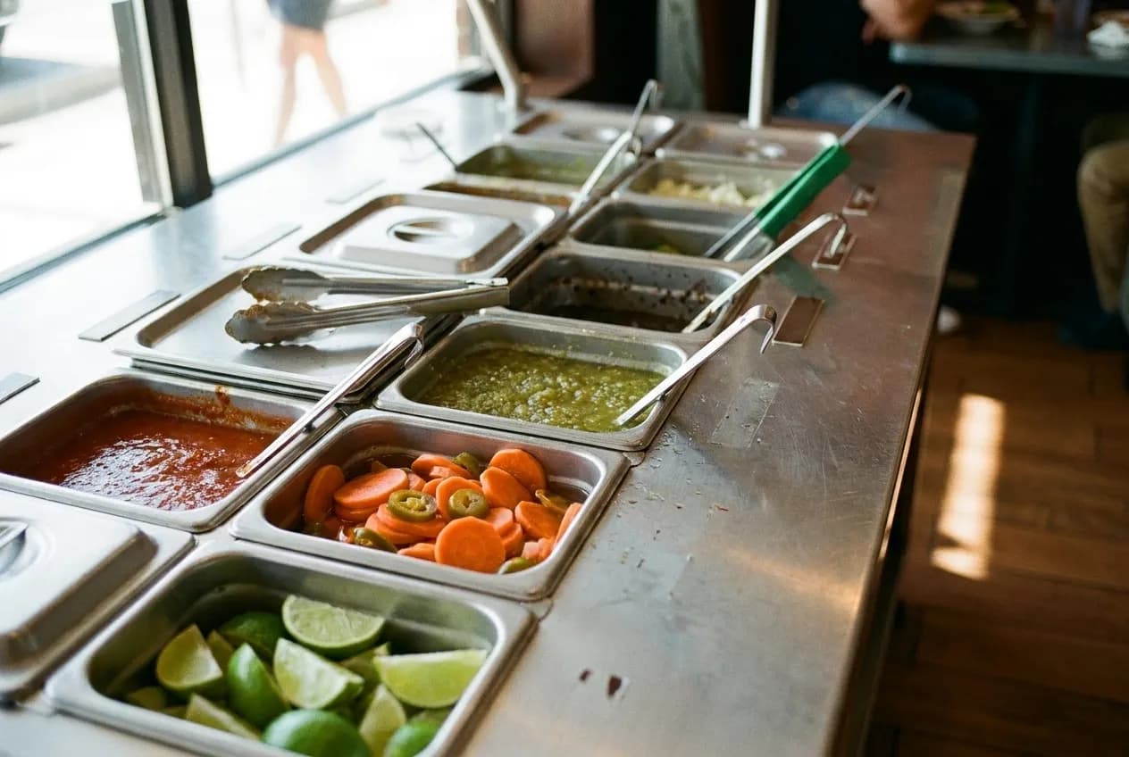A row of stainless containers on a counter holding red and green salsas, pickled carrots and lime wedges, tongs resting across one lid