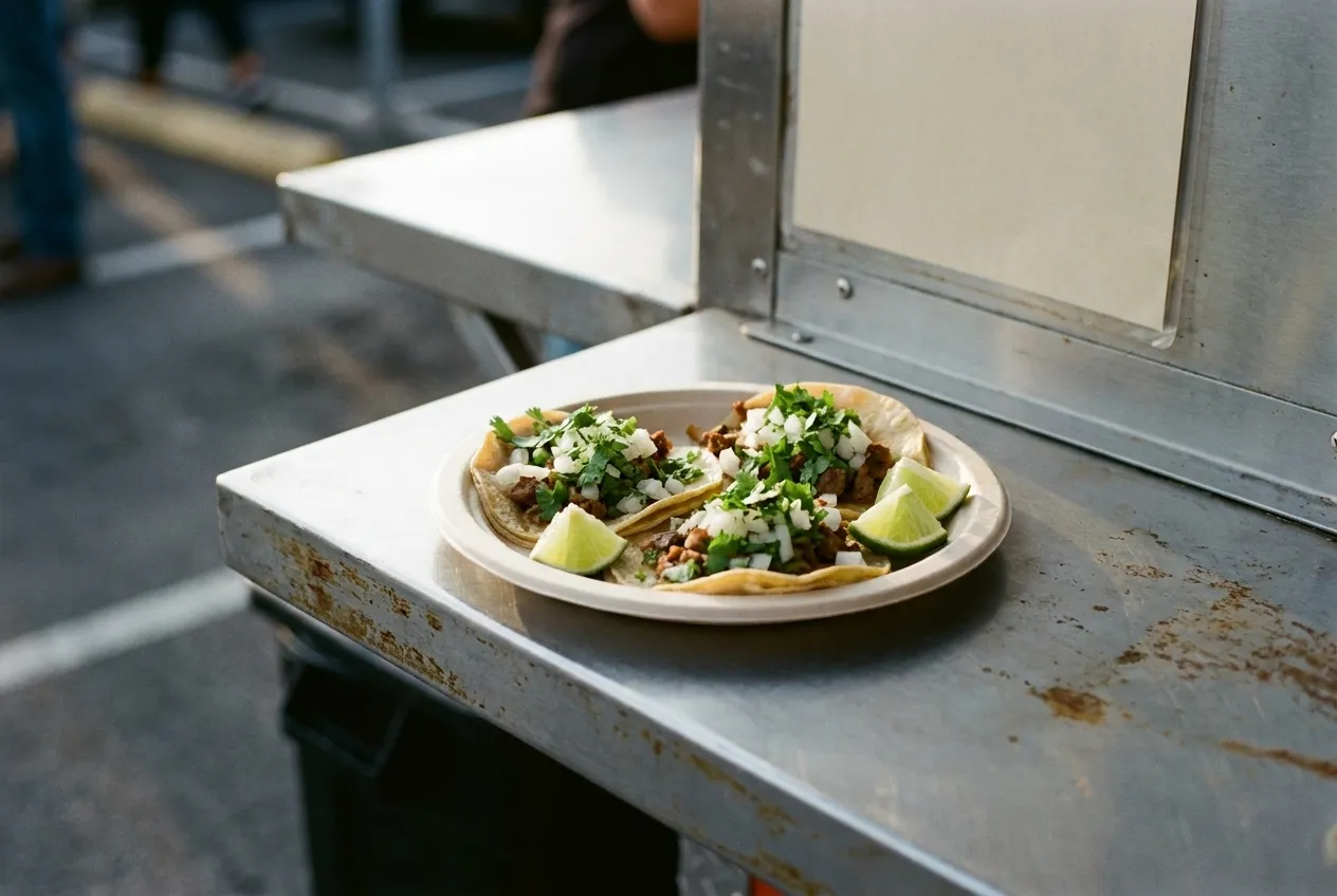 Three small tacos on a paper plate with chopped onion, coriander and two lime wedges, photographed close on a metal counter