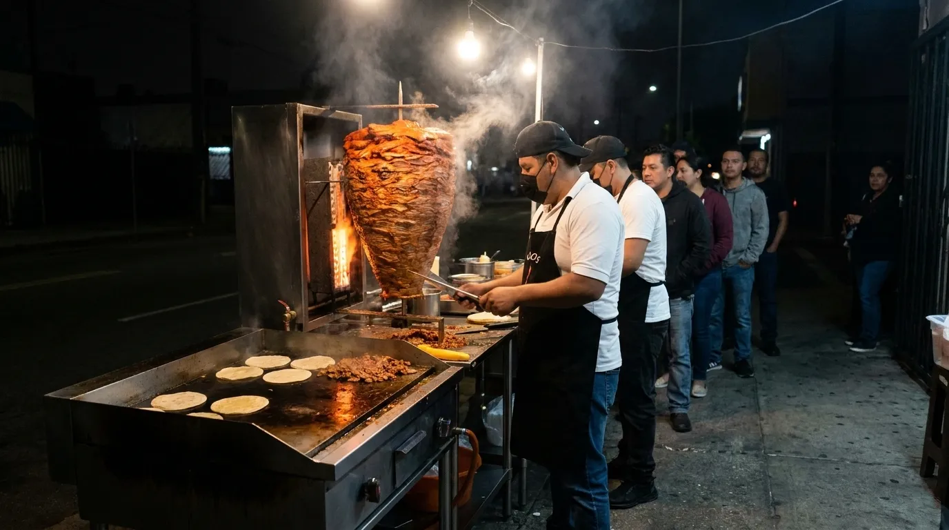 A Los Angeles taco stand at night, a vertical trompo of al pastor turning beside a griddle, steam rising and a queue of people waiting under a bare bulb