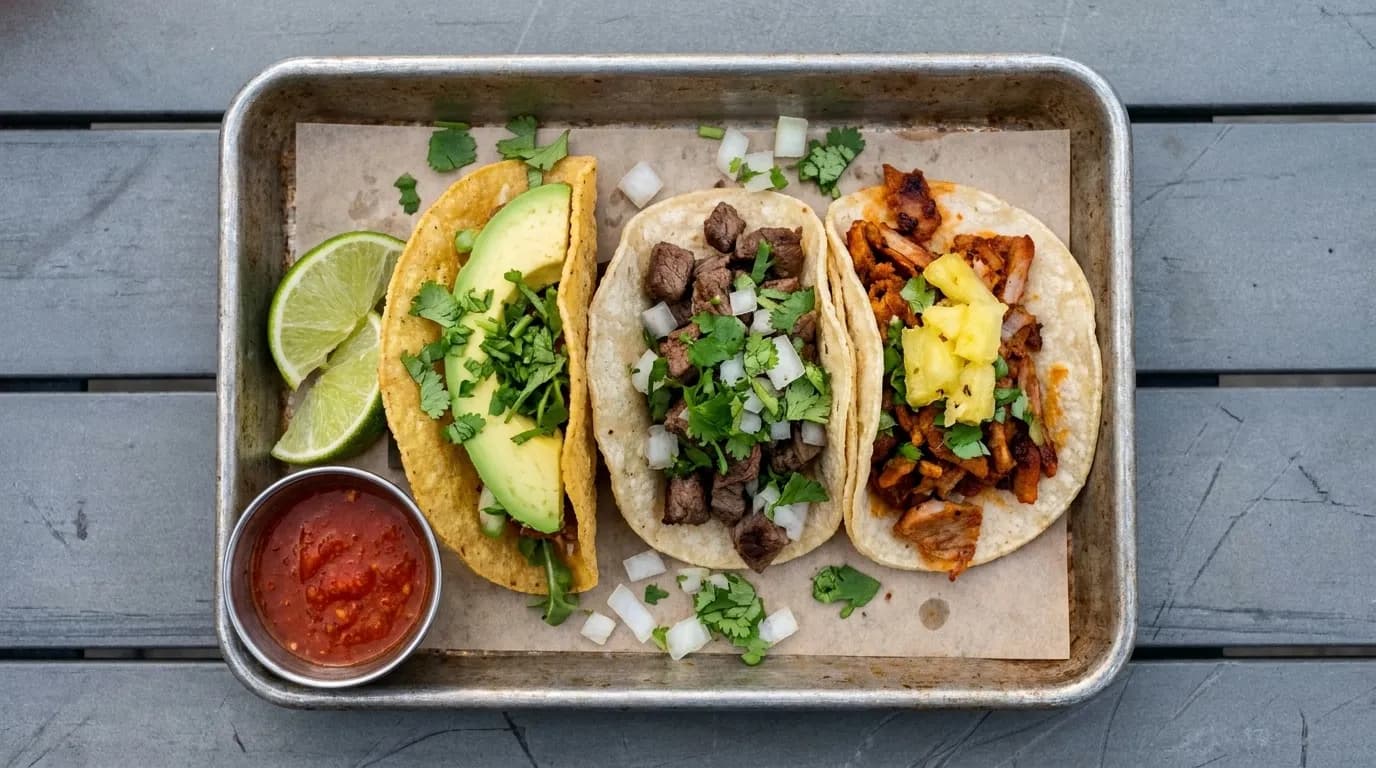 A close overhead view of three tacos on a paper-lined tray, one crisp-shelled and topped with avocado slices and salsa, lime wedges and a small cup of red salsa beside them