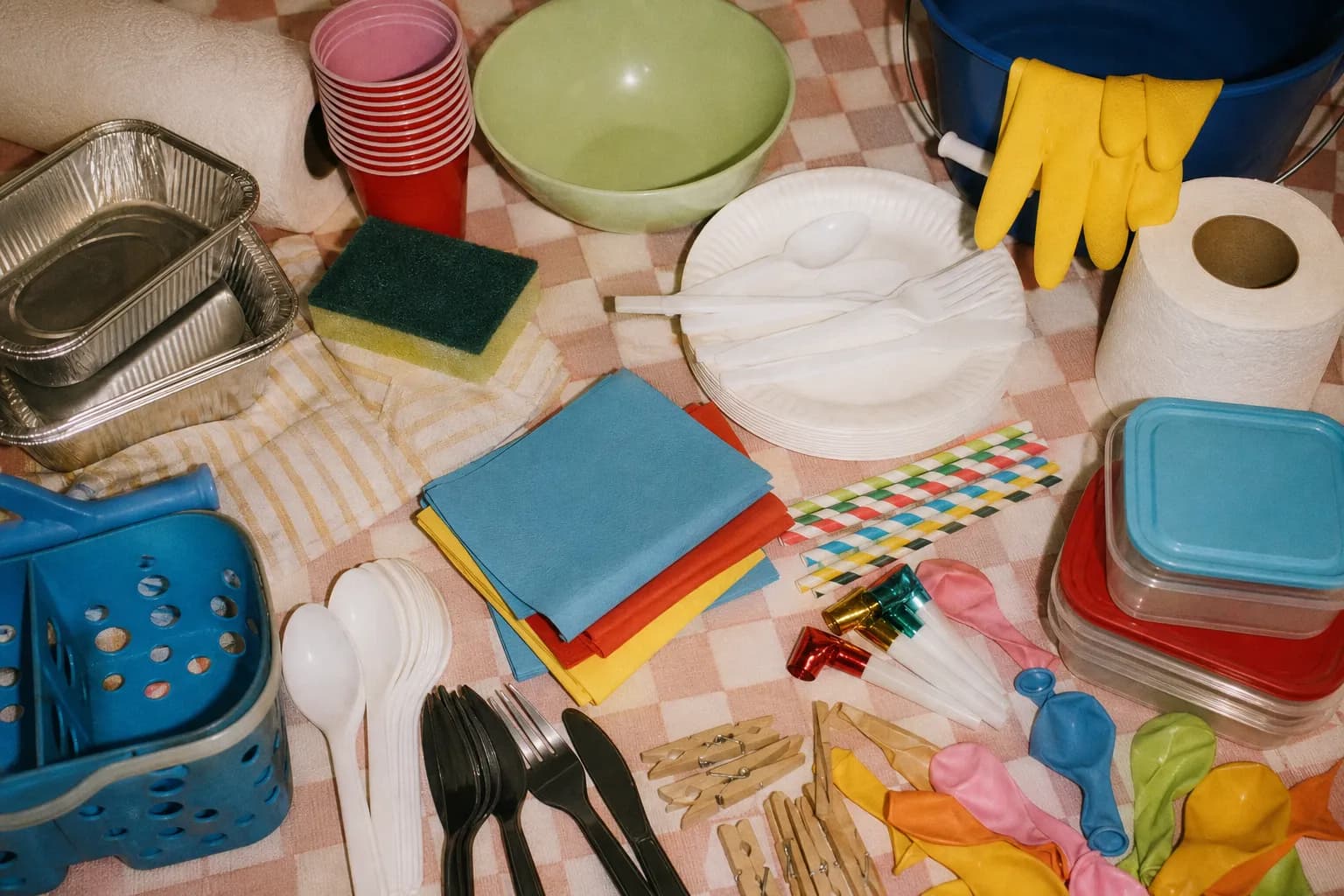A flat lay of budget household items and party supplies neatly arranged on a table