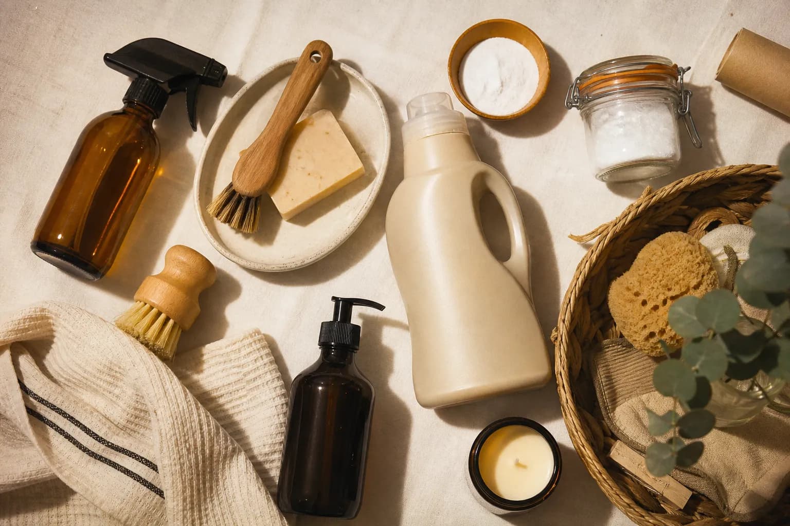A neatly arranged flat lay of everyday household products on a plain surface