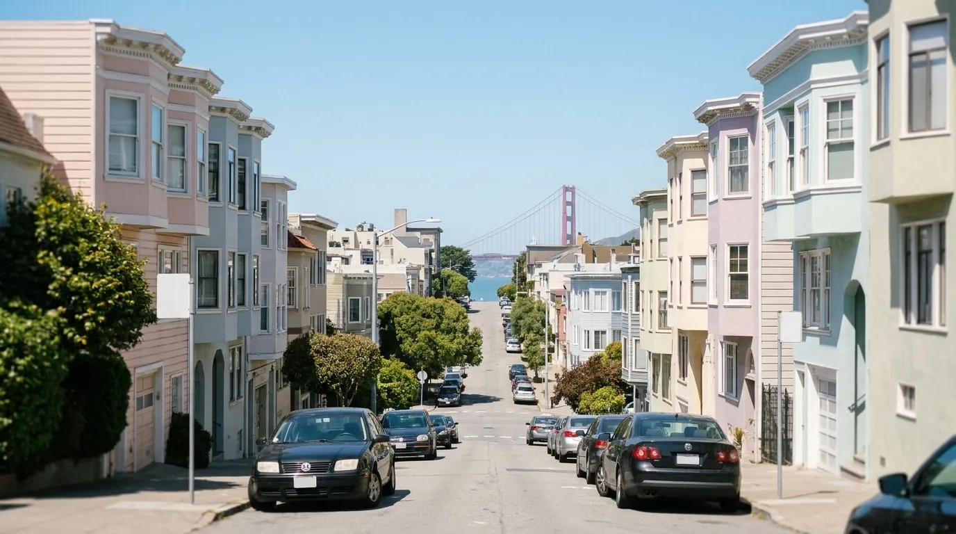 A San Francisco street climbing steeply between pastel houses in morning light, with the bay and a slice of bridge visible in the gap at the top of the hill