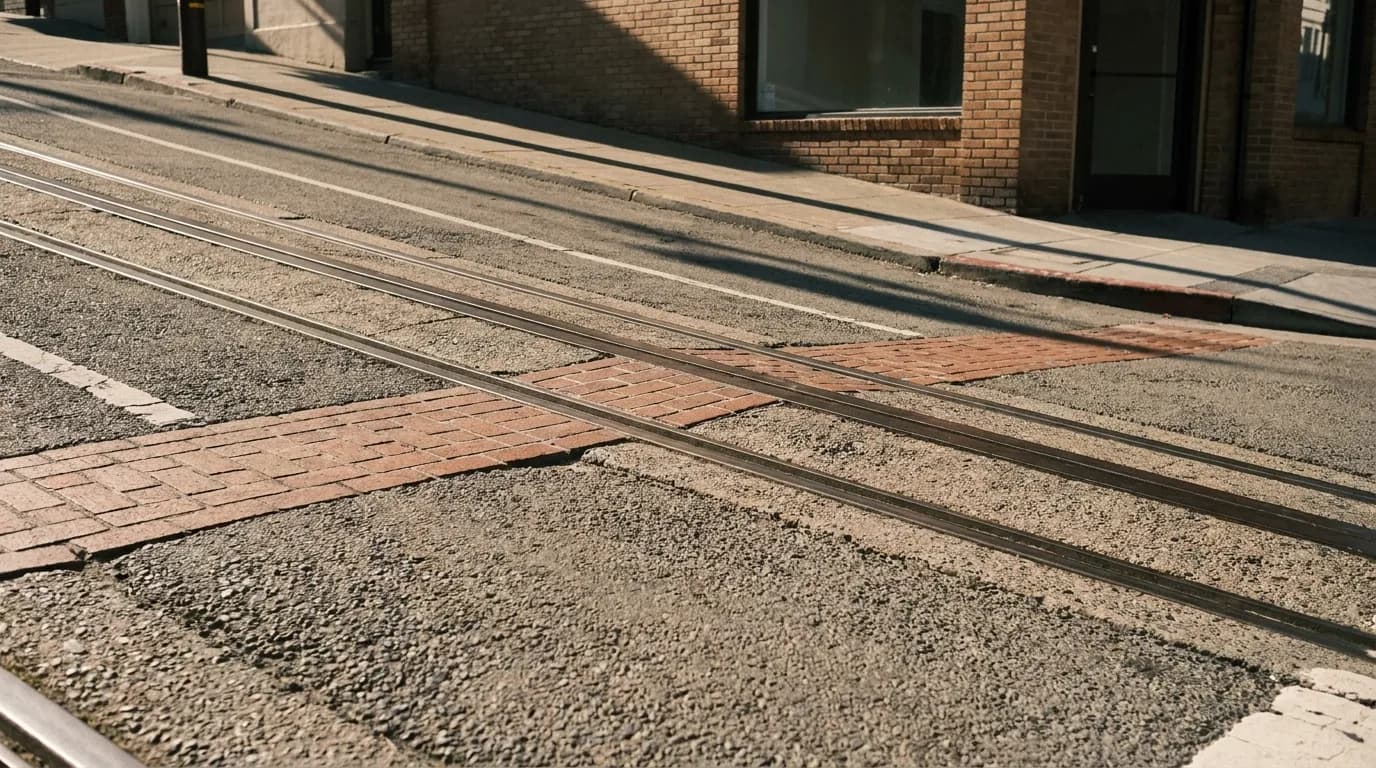 A close view of a cable-car track and worn brick crosswalk on a steep San Francisco street, morning shadow across the tarmac and a corner shopfront just in frame