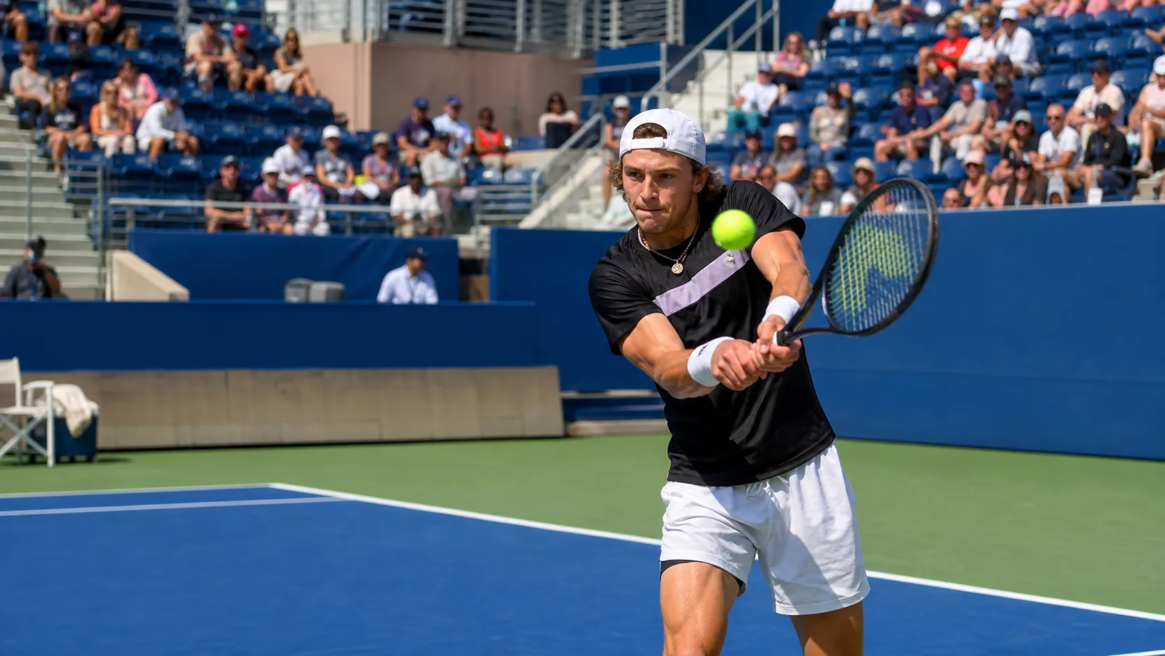 Photorealistic tennis scene illustrating Best US Open Practice Courts for Seeing Top Players.