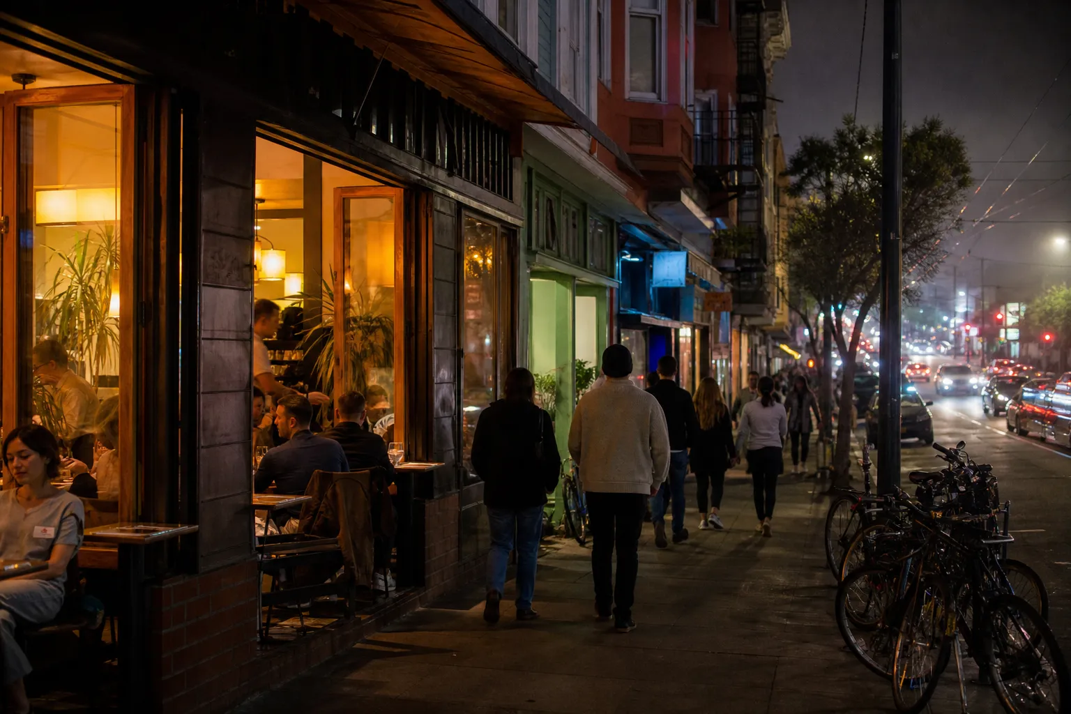 Mission District street at dusk with lit restaurant windows and murals