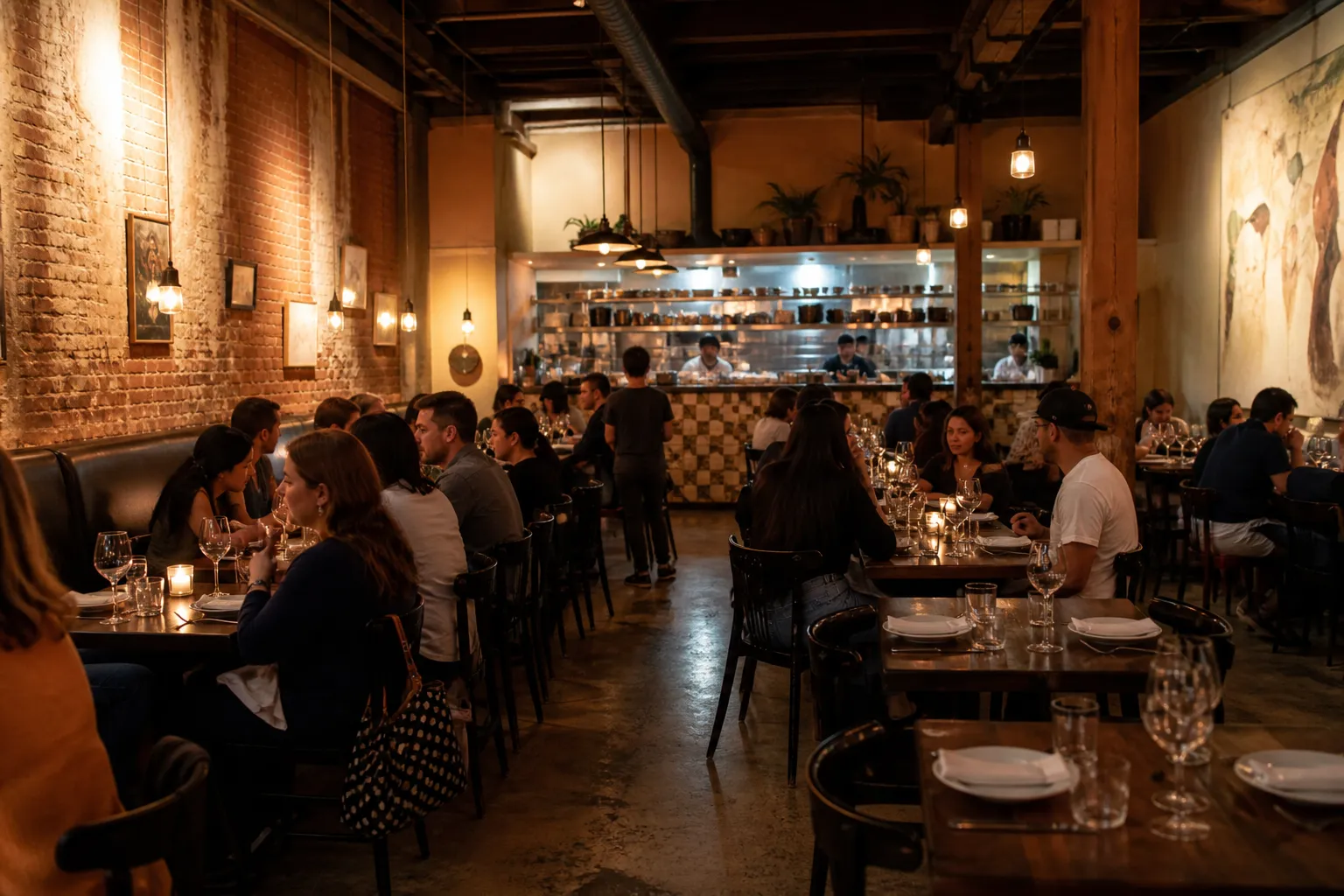Cozy Mission restaurant interior with an open kitchen