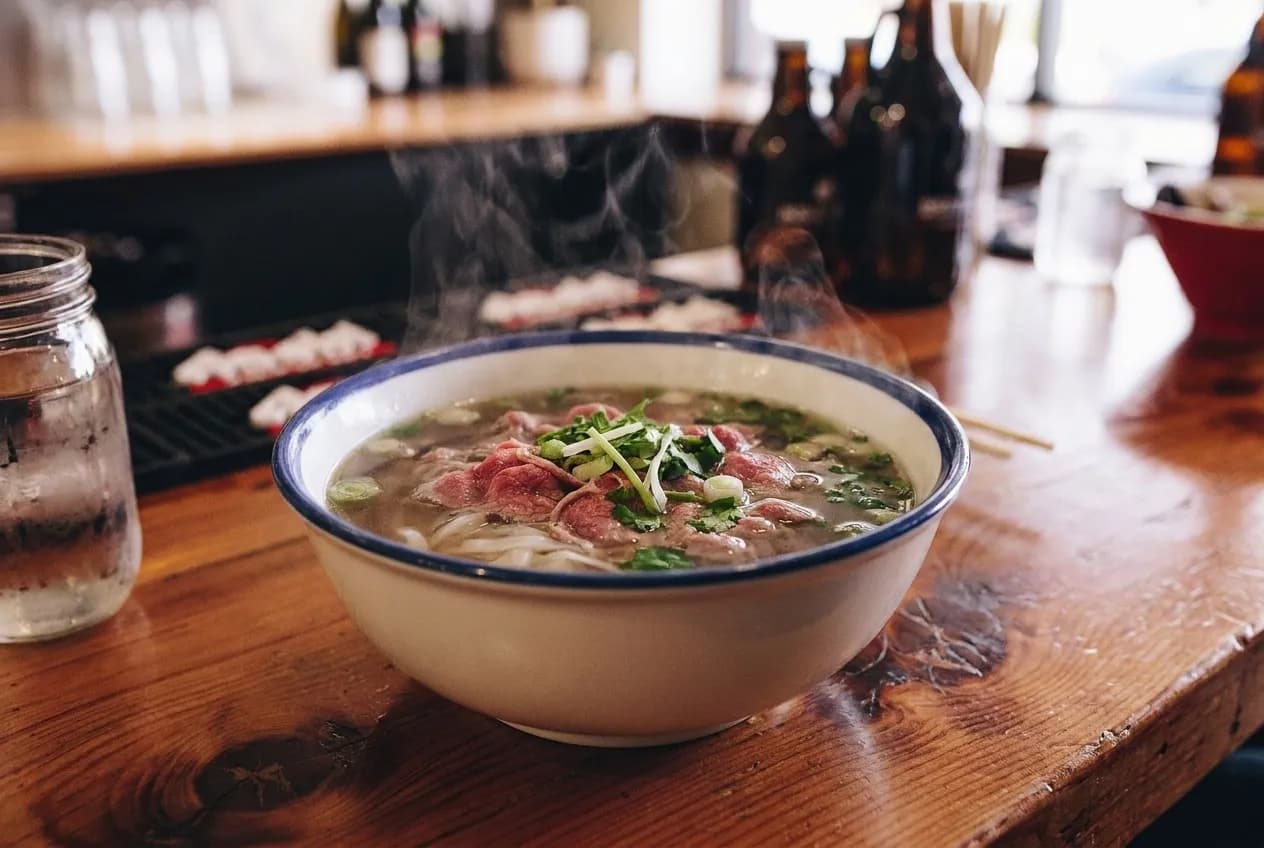 A large bowl of clear beef broth with flat rice noodles and thin slices of beef, steam rising and spring onion scattered on top