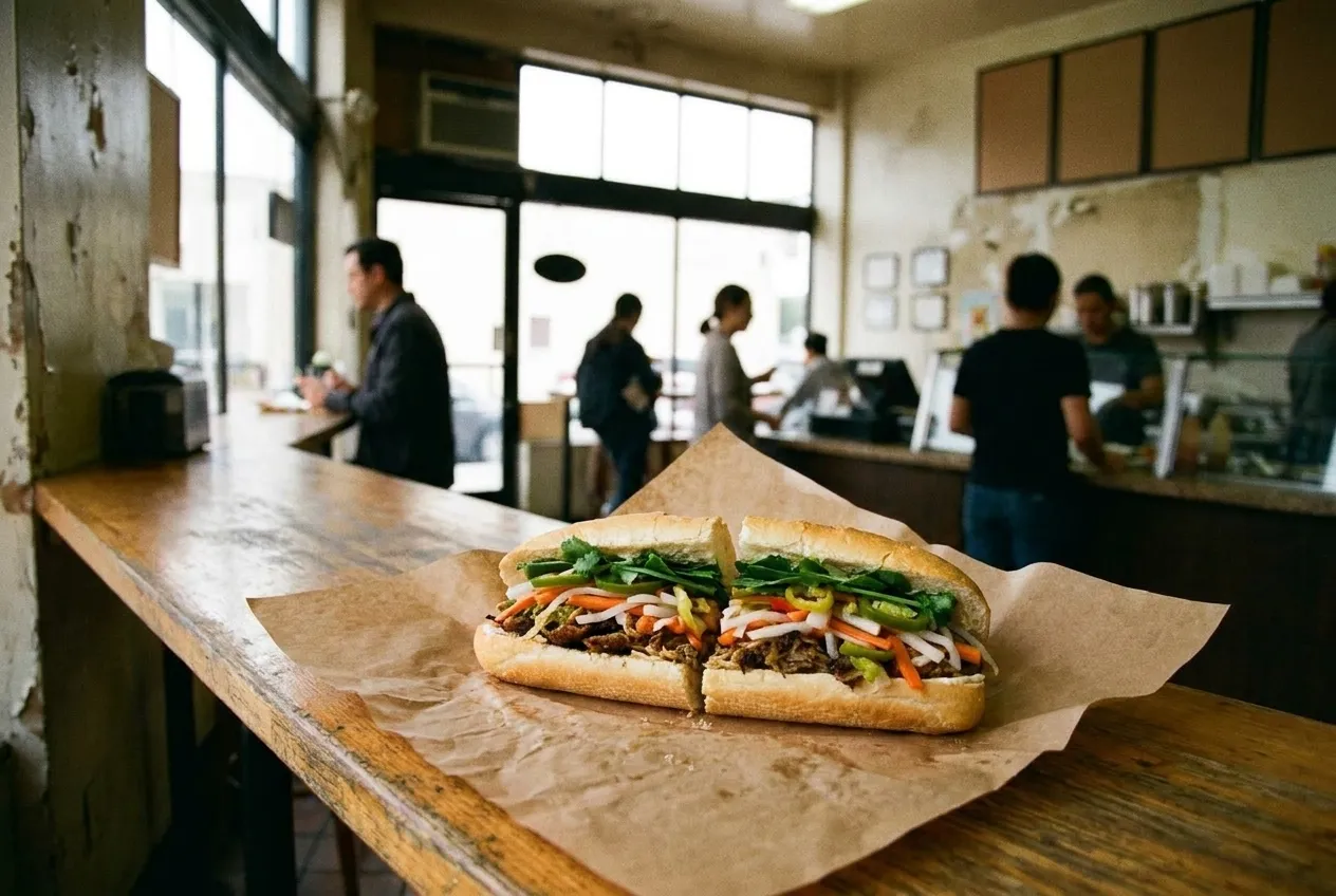 A banh mi cut in half on butcher paper showing pickles and coriander