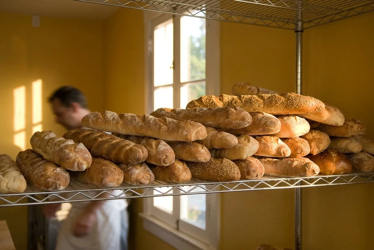 A shelf of baguettes cooling on wire racks in a bakery back room