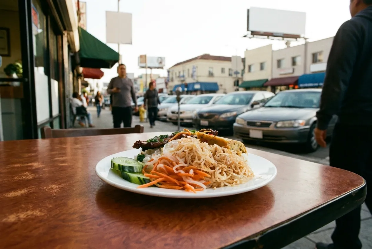 A plate of grilled pork over broken rice with herbs and pickles on a laminate table