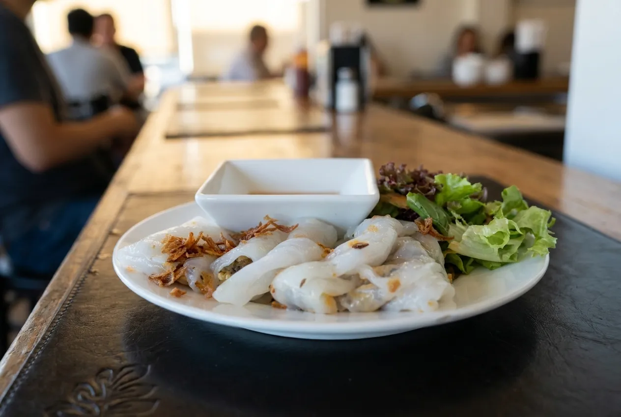 Steamed rice rolls on a plate with fried shallots and a small bowl of dipping sauce