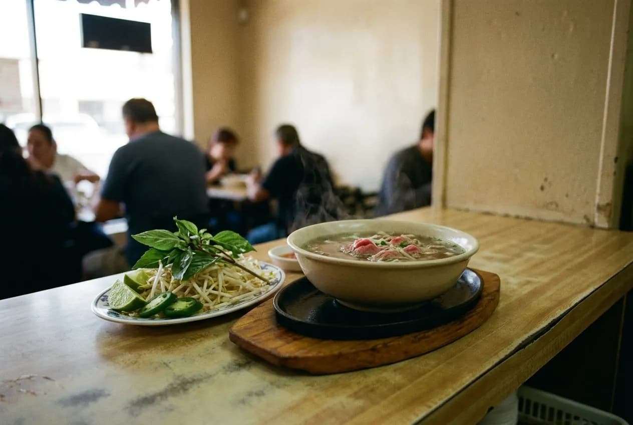 A bowl of pho with herbs on a plate beside it on a laminate table
