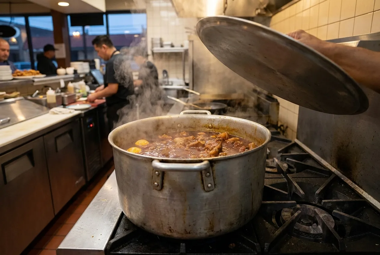 A large stockpot on a burner with steam rising in a restaurant kitchen