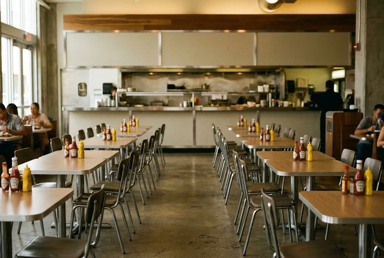 A plain restaurant interior with laminate tables and stacking chairs, condiment bottles on each table and a service counter along the back wall