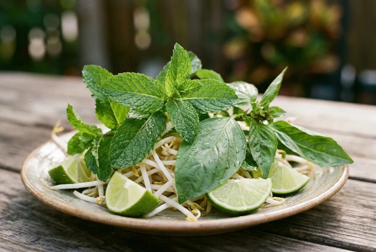 A plate piled with mint, basil, beansprouts and lime wedges photographed close, the leaves still beaded with water