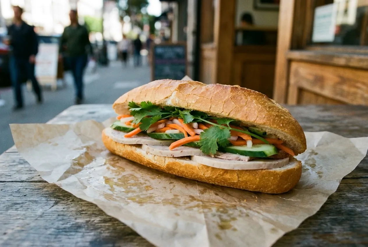 A crusty baguette sandwich opened to show pickled carrot, cucumber and coriander layered over pale meat, on waxed paper