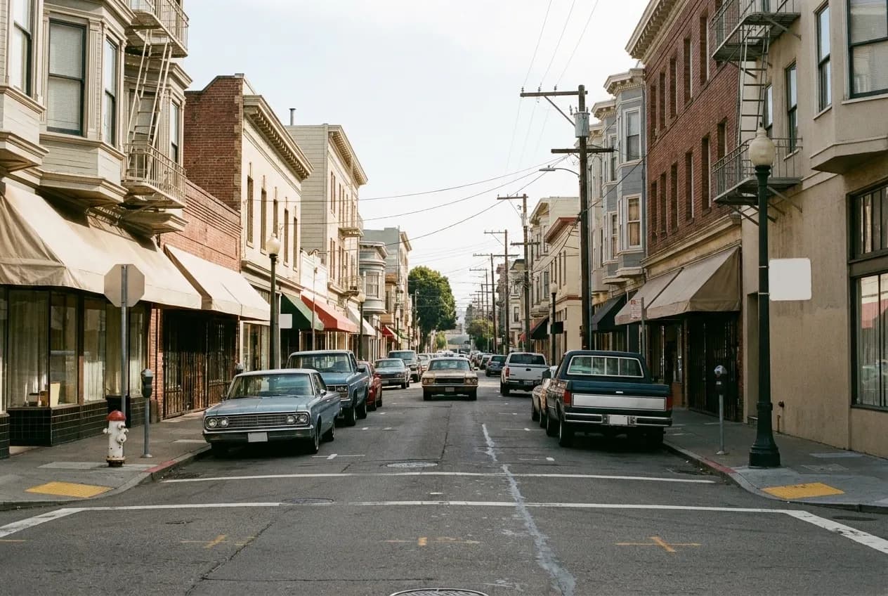 A narrow city street of low storefronts with awnings in flat afternoon light