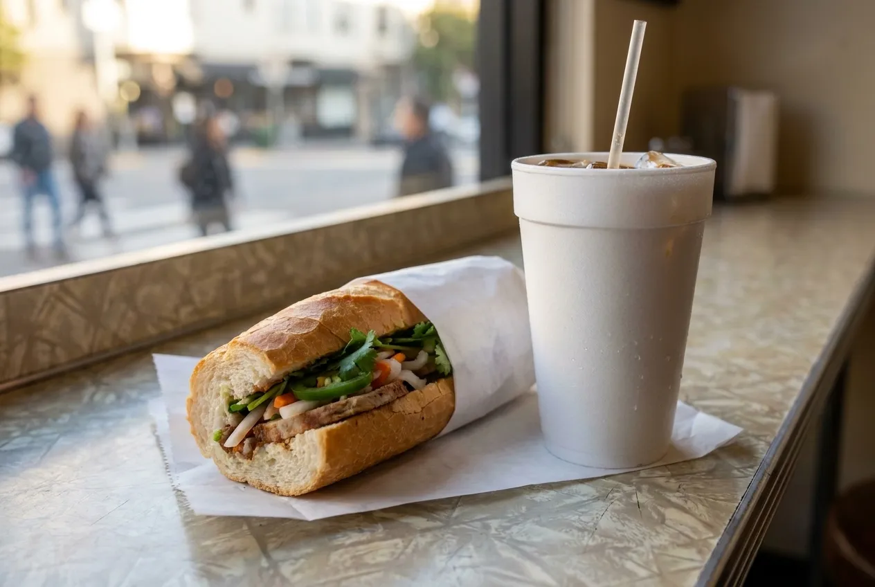 A banh mi and a foam cup of iced coffee on a small formica counter