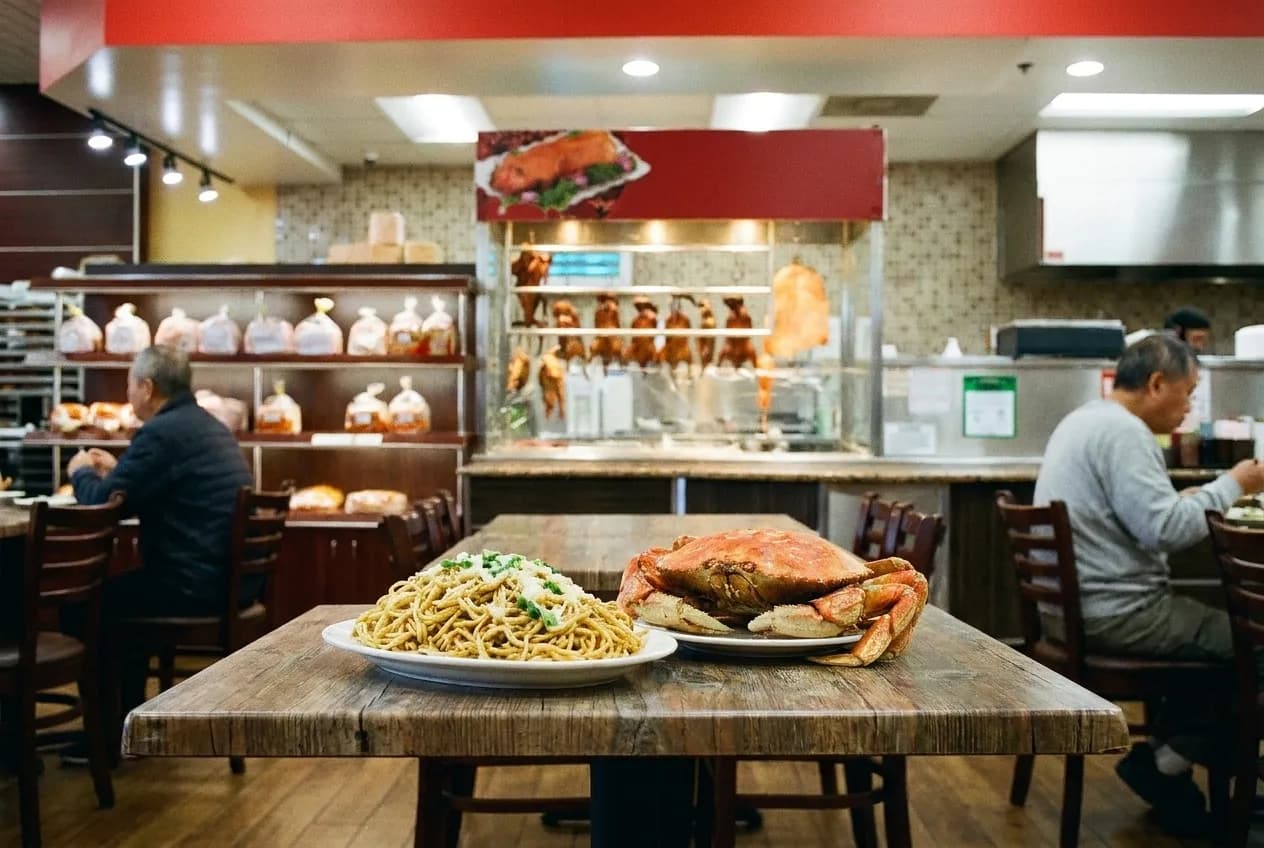 A whole roasted Dungeness crab and a tangle of garlic noodles on a shared table in a San Francisco dining room