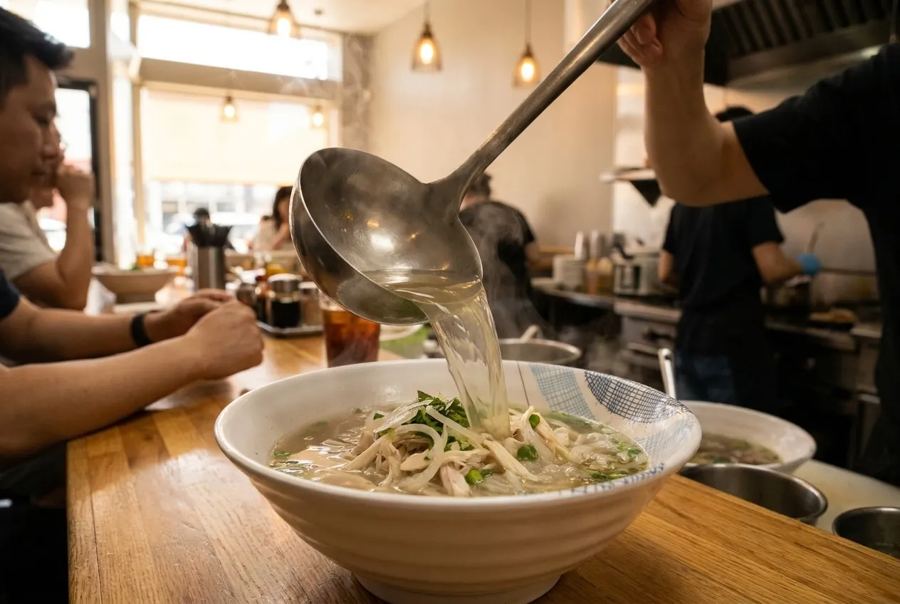 A clear chicken pho broth being ladled into a large bowl at a Vietnamese noodle counter