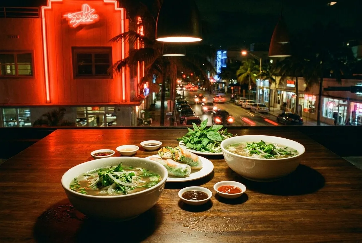A polished wooden table set with Vietnamese bánh mì, spring rolls, and pho bowls under warm pendant lighting in a dark contemporary Miami dining room.