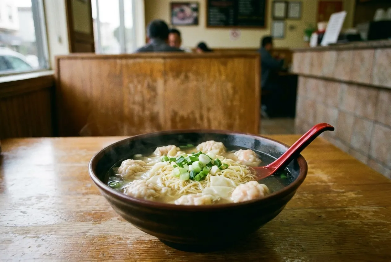 A bowl of clear broth with thin egg noodles and wontons, spring onion scattered over and a spoon resting against the rim