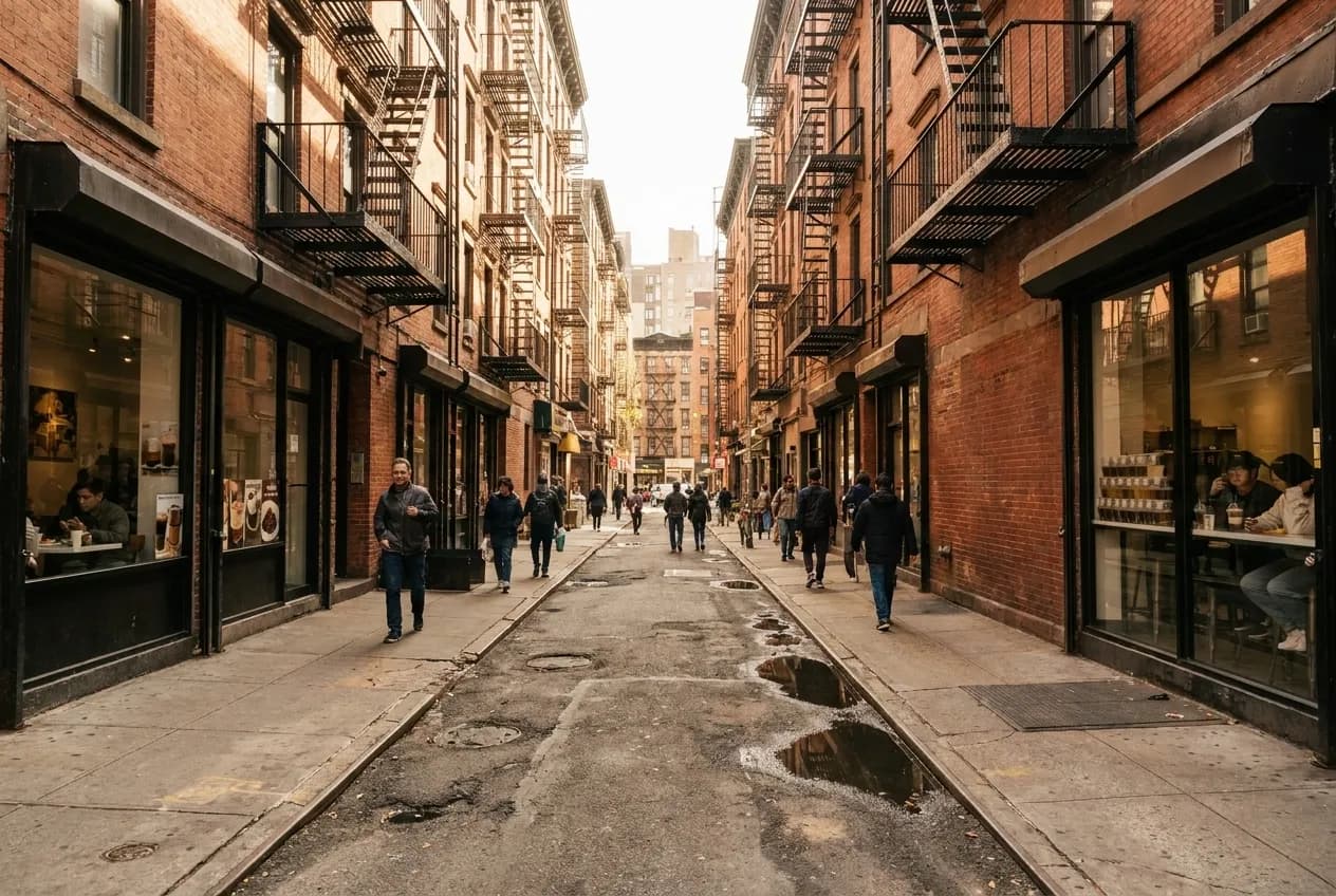Narrow East Village sidewalk lined with brick tenement buildings, fire escapes and glass-front cafés between Tenth Street and Canal Street storefronts.