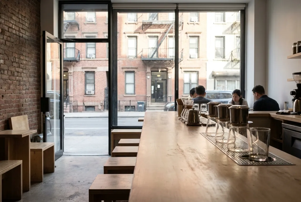 Interior of a compact Vietnamese coffee bar with a clean counter, phin brewers and pale walls under soft daylight in Manhattan.