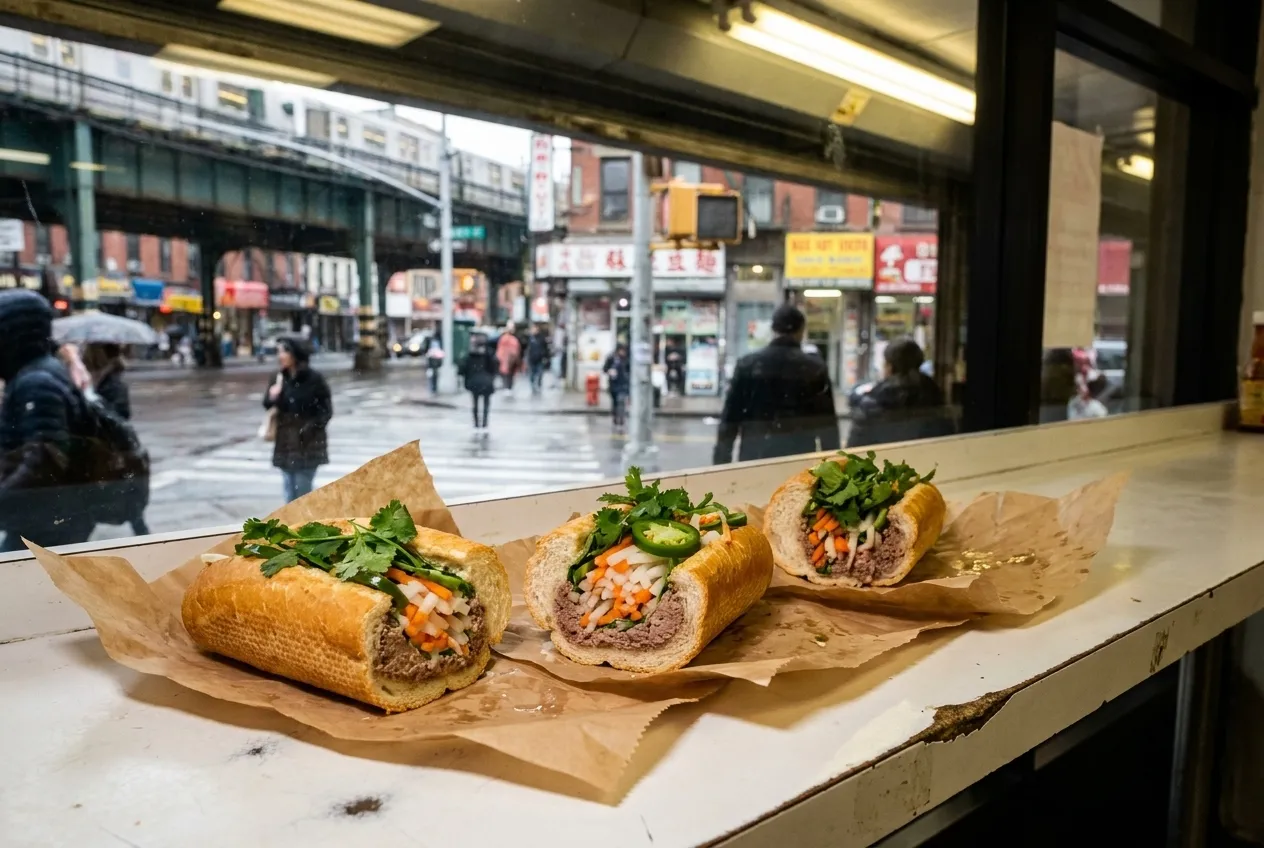 Three banh mi sandwiches on wax paper with pickled carrots, cilantro and pâté on a counter under bright fluorescent light