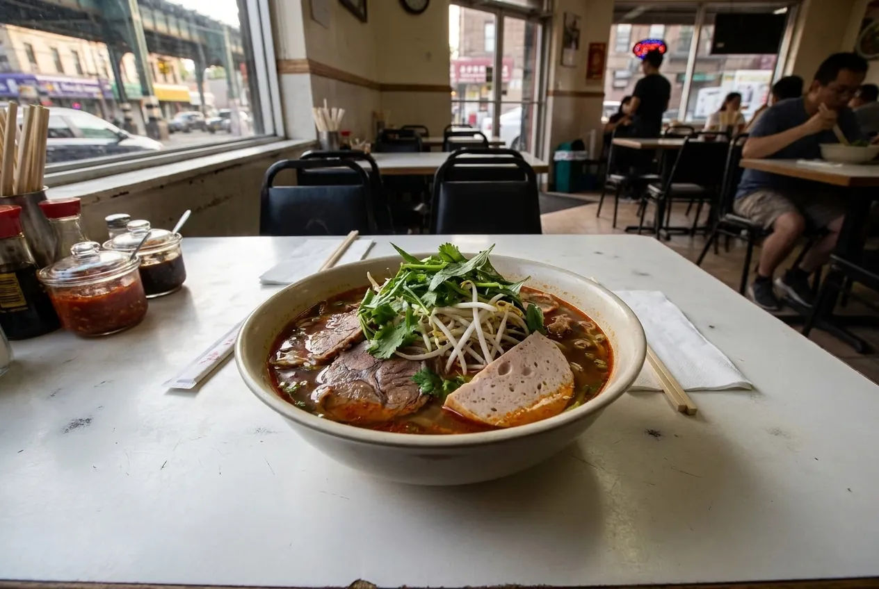 A steaming bowl of bún bò Huế with sliced beef, pork and fresh herbs on a tiled table in a Brooklyn Vietnamese restaurant