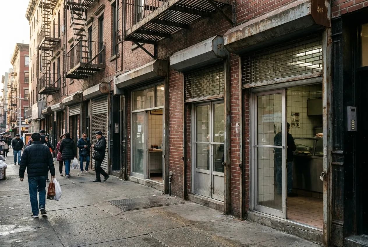 Narrow storefronts with glass display cases and handwritten menu signs line a busy Chinatown sidewalk under metal fire escapes and fluorescent light.