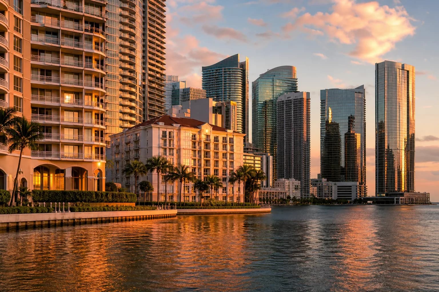 Brickell Key waterfront and Miami skyline at golden hour
