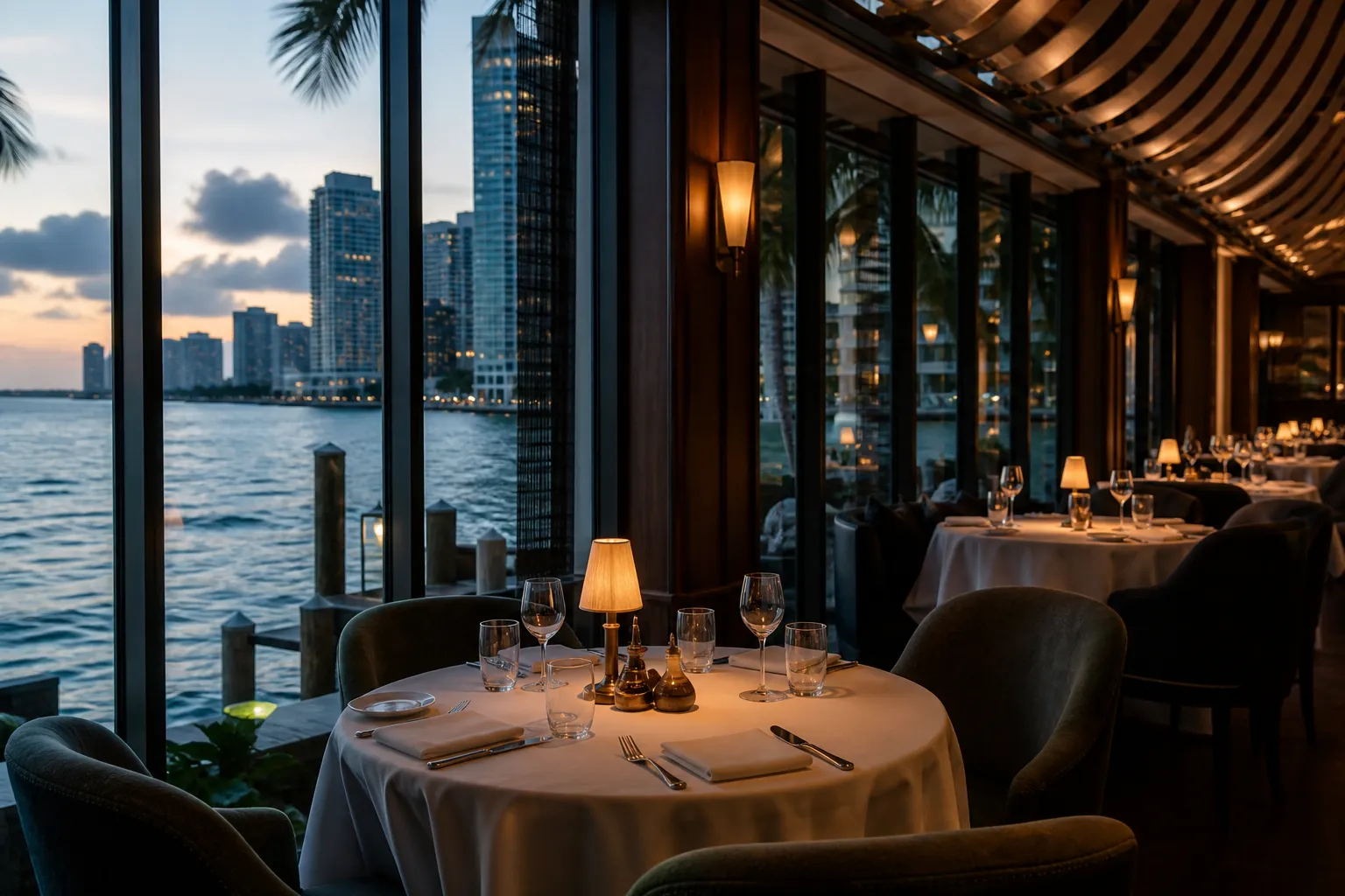Upscale seafood dinner table with Biscayne Bay view