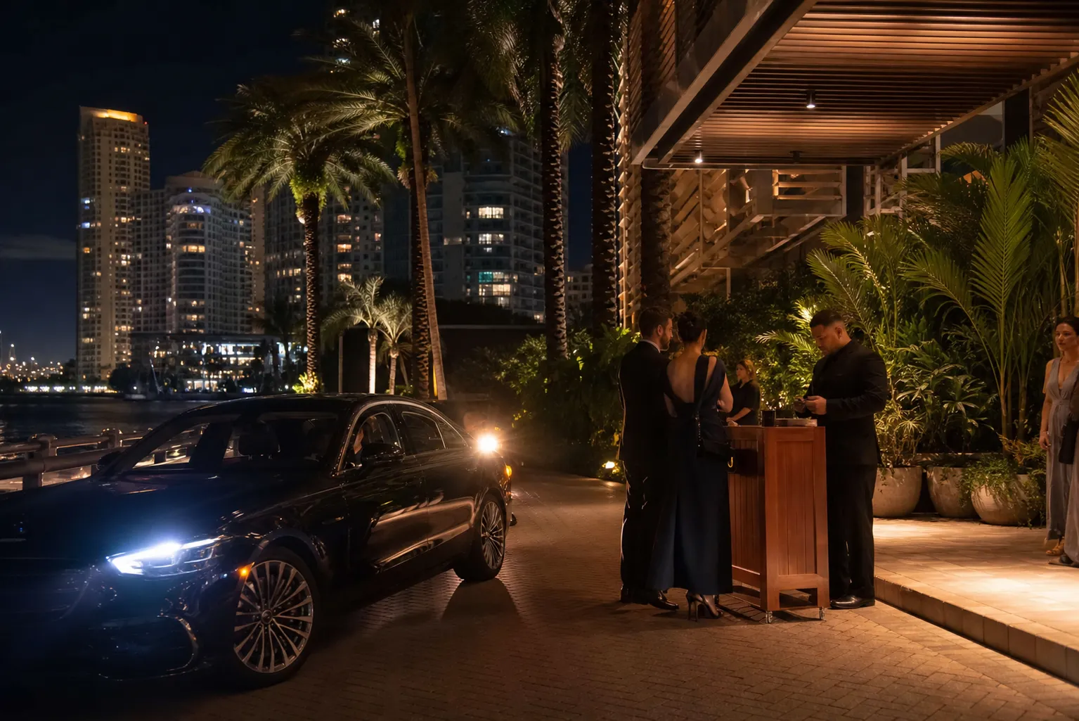 Evening valet arrival outside an upscale Brickell waterfront restaurant