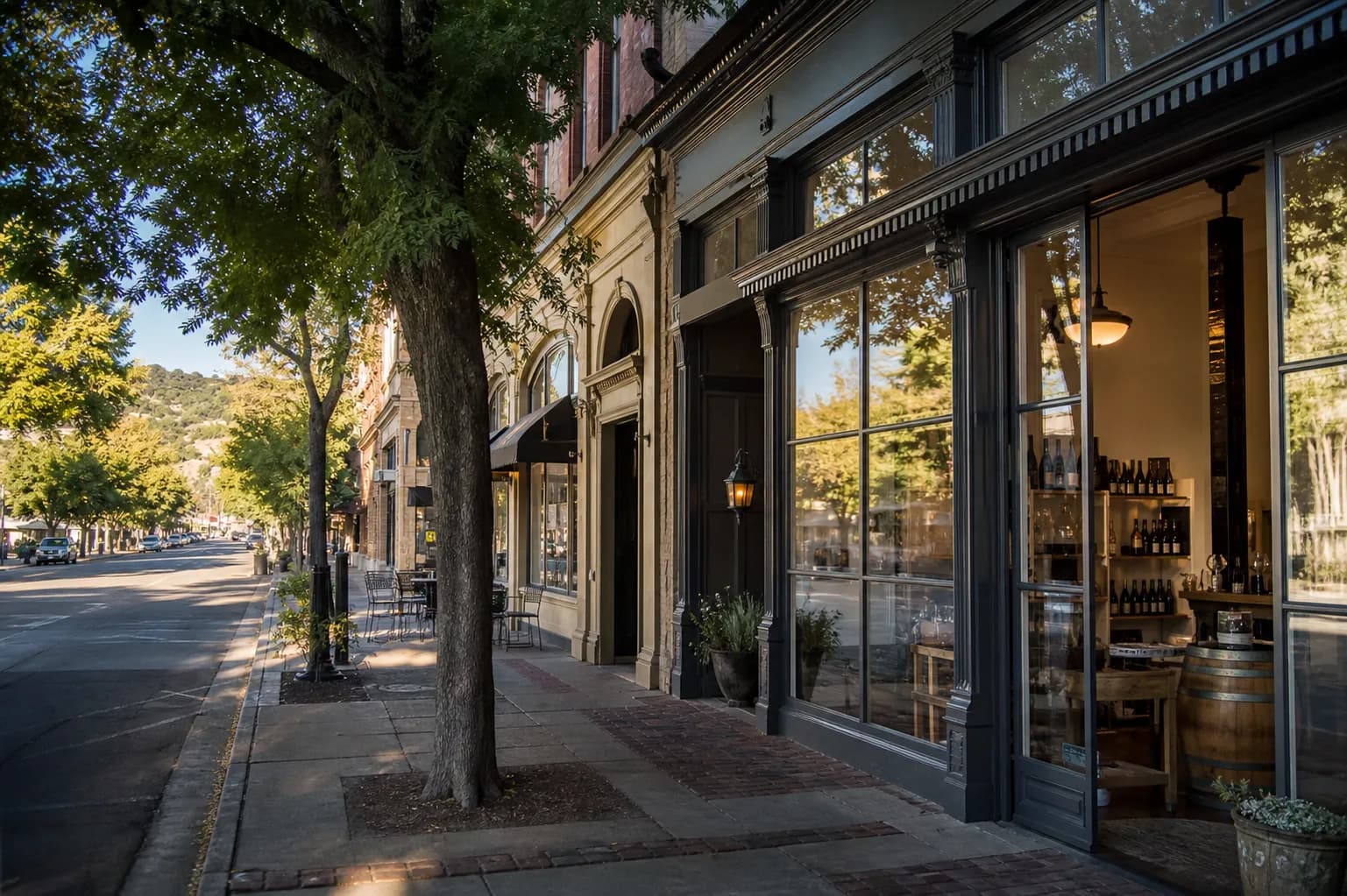 Downtown Healdsburg plaza with low-rise buildings and trees
