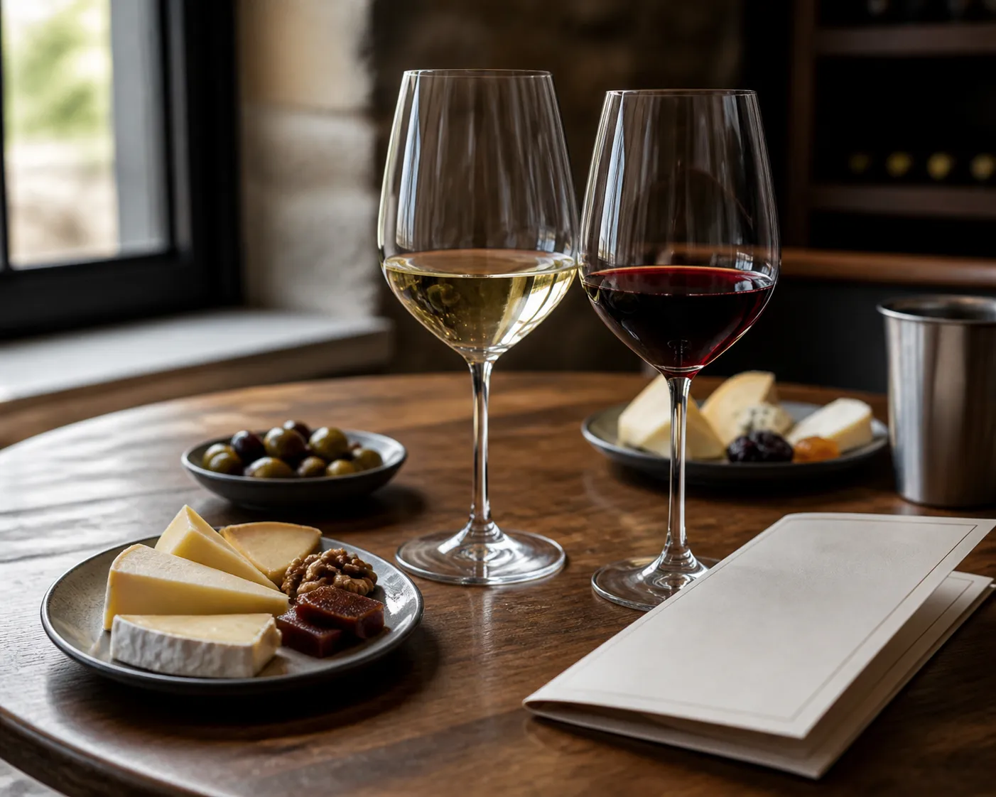 Wine tasting flight and small bites on a tasting-room table