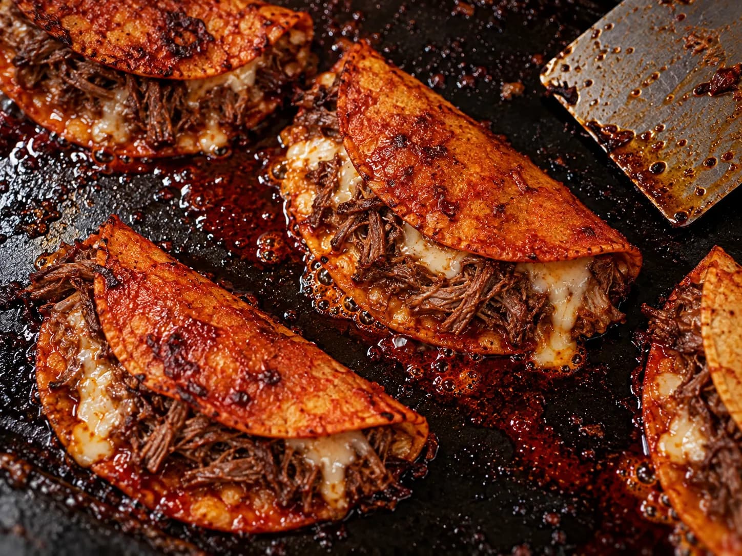 Deep red stewed beef tacos on a griddle with fat crisping at the edges