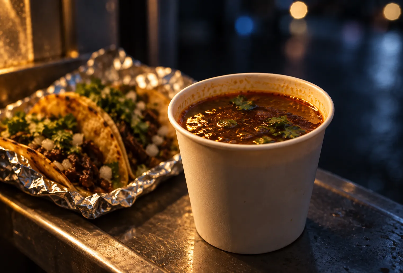 A paper cup of dark broth beside folded tacos on a foil tray