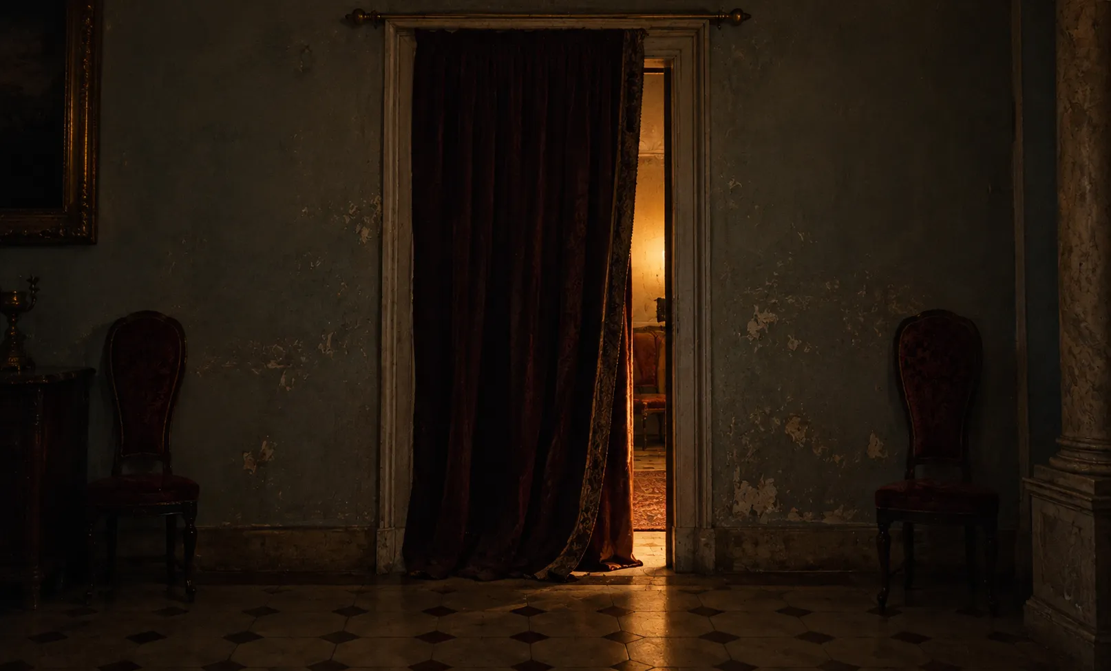 A dim doorway hung with a heavy curtain at the back of a lit room