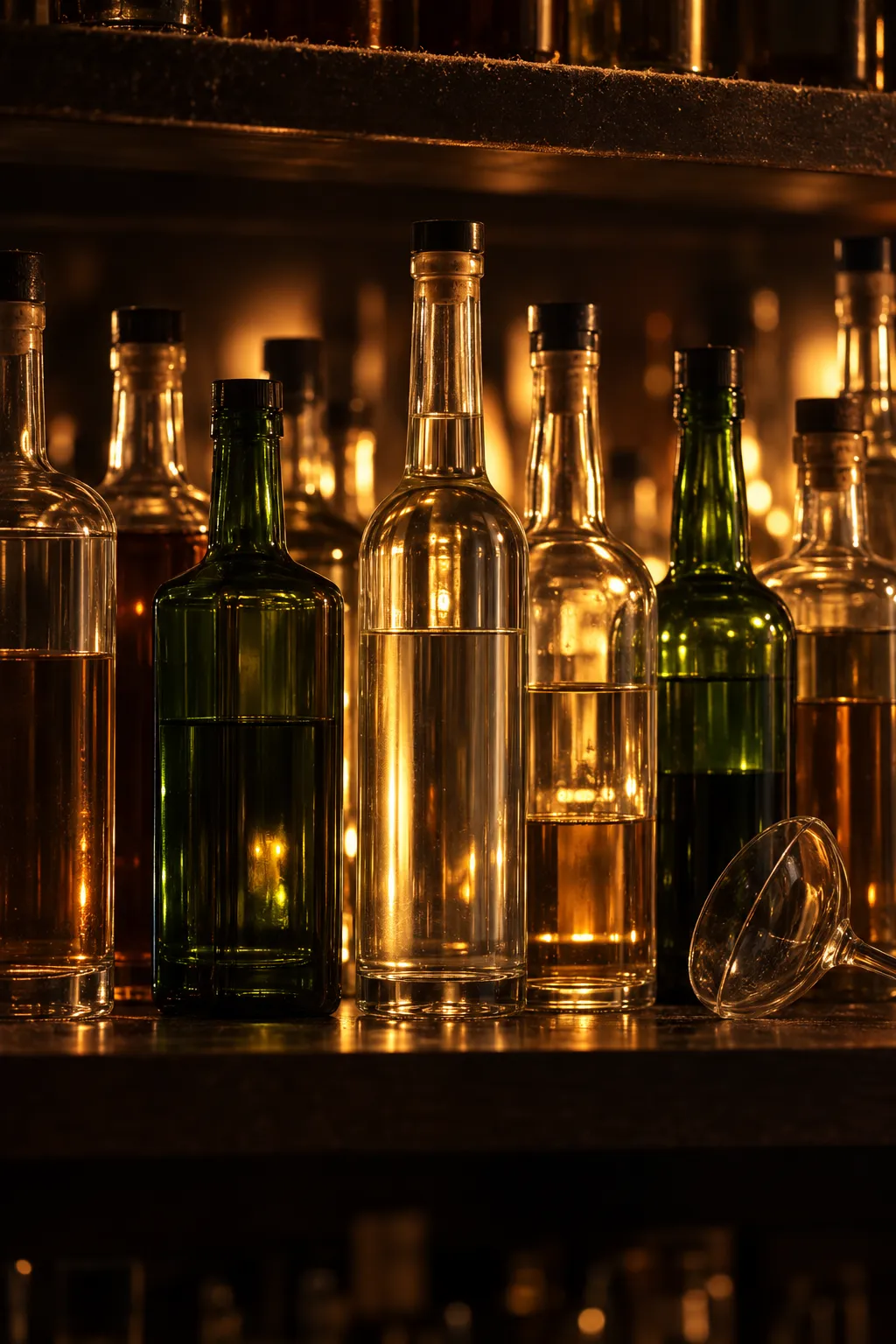 A row of agave spirit bottles on a dark backbar shelf