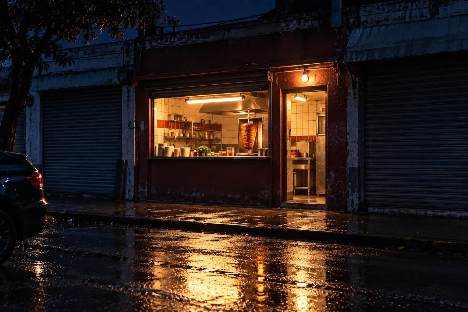 A lit taqueria window on a dark street with the interior glowing