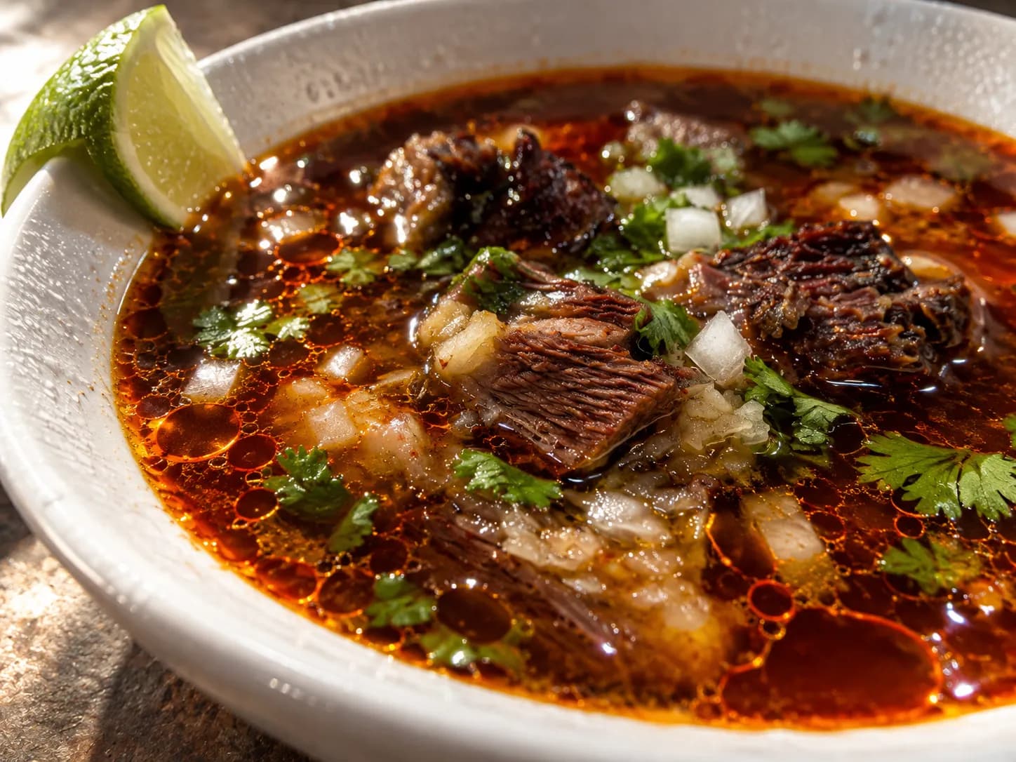 A shallow bowl of dark red broth with fat pooling on the surface