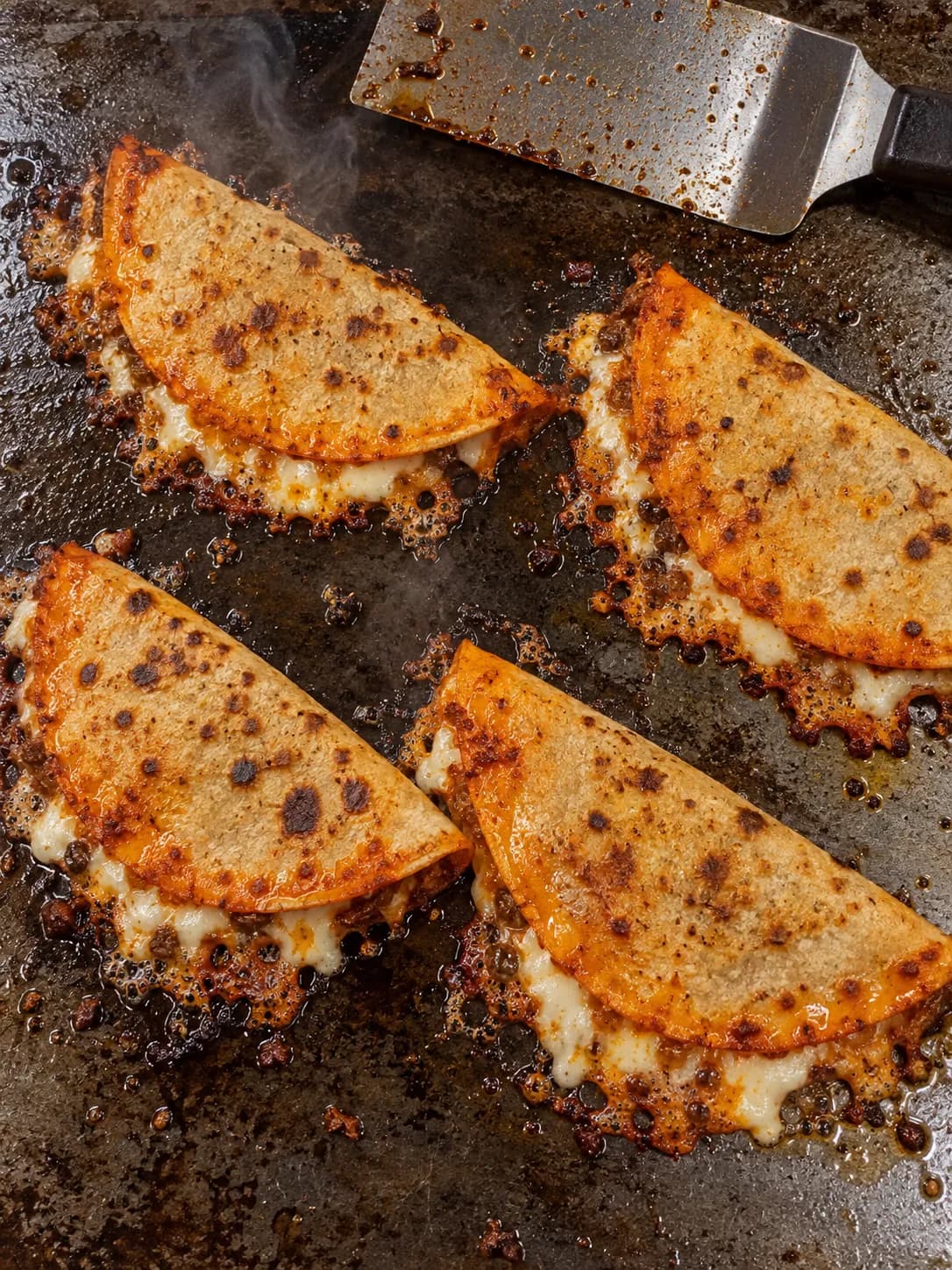 Griddled folded tacos with cheese crisping at the edge on a metal surface