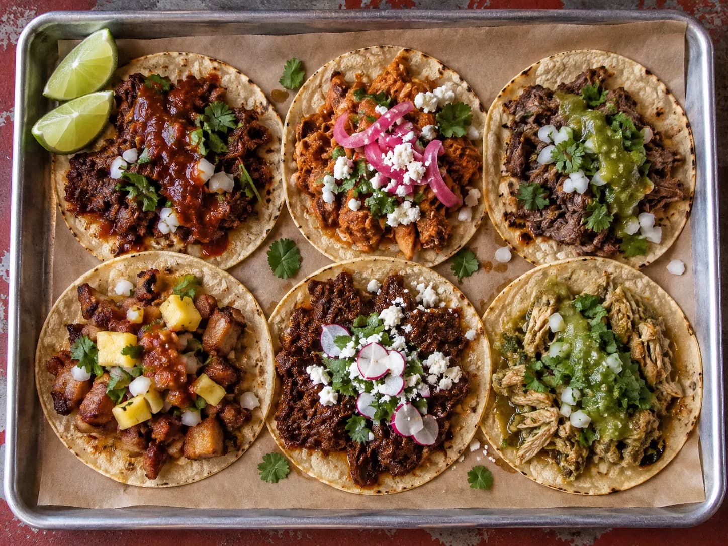 A tray of six small tacos arranged in a row seen from above