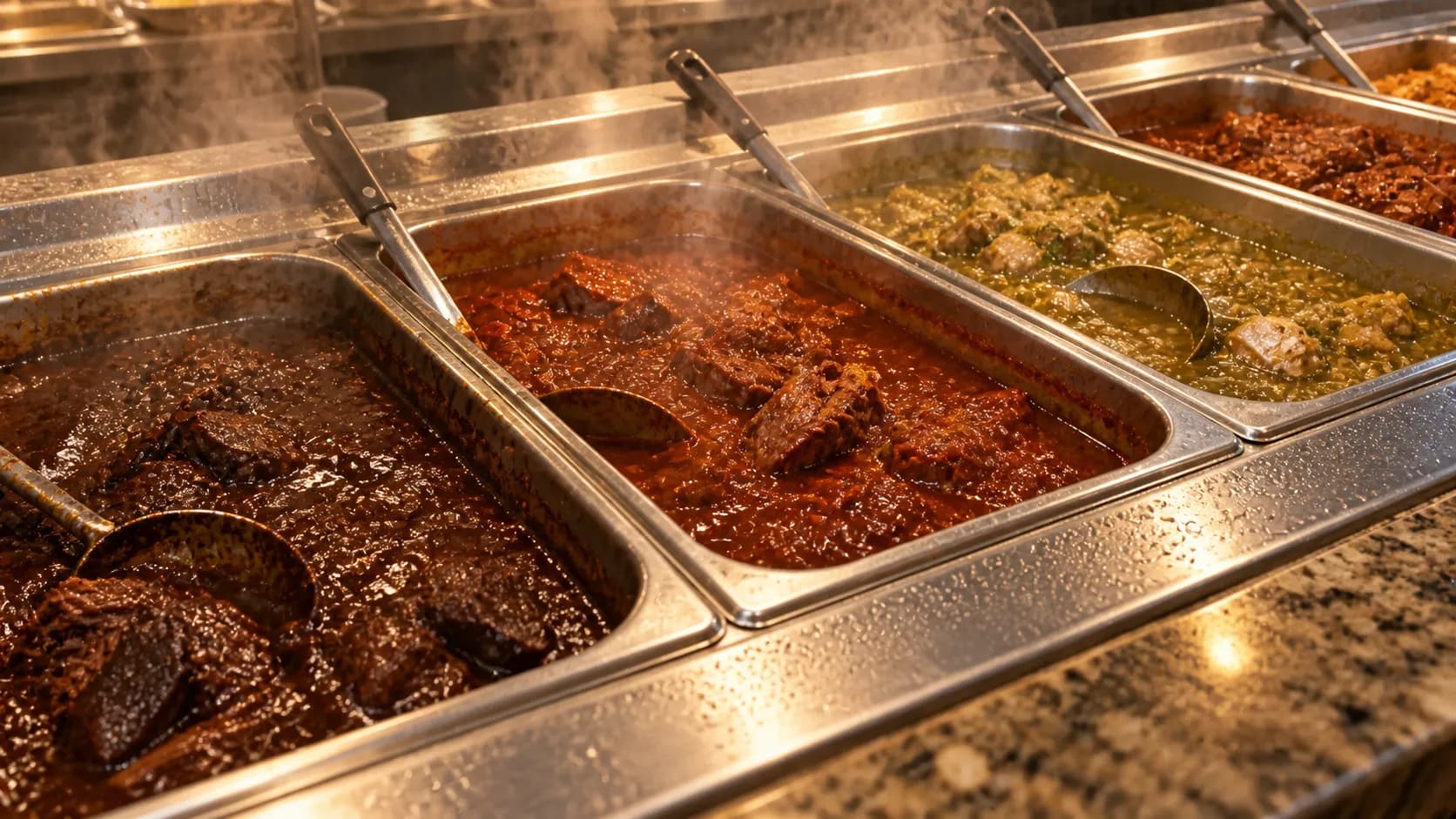 Deep pans of different braised stews on a steam counter